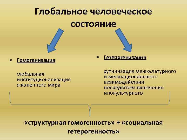 Глобальное человеческое состояние • Гомогенизация глобальная институционализация жизненного мира • Гетерогенизация рутинизация межкультурного и