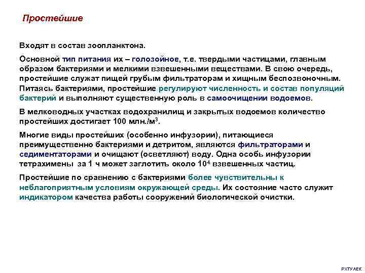 Простейшие Входят в состав зоопланктона. Основной тип питания их – голозойное, т. е. твердыми