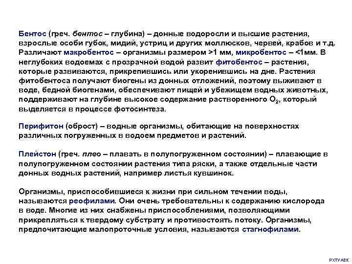 Бентос (греч. бентос – глубина) – донные водоросли и высшие растения, взрослые особи губок,