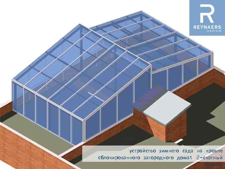 устройство зимнего сада на кровле сблокированного загородного дома; 2 -скатный вариант 