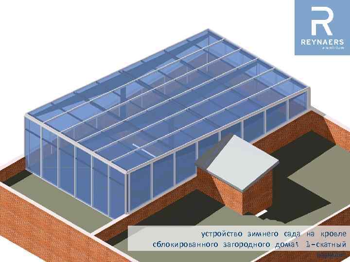 устройство зимнего сада на кровле сблокированного загородного дома; 1 -скатный вариант 