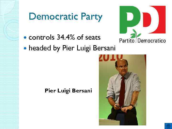 Democratic Party controls 34. 4% of seats headed by Pier Luigi Bersani 