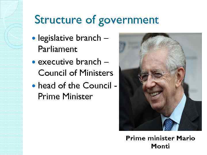 Structure of government legislative branch – Parliament executive branch – Council of Ministers head