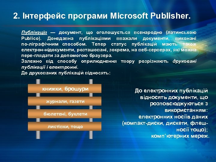 2. Інтерфейс програми Microsoft Publisher. Публікація — документ, що оголошується всенародно (латинською Рubliсо). Донедавна