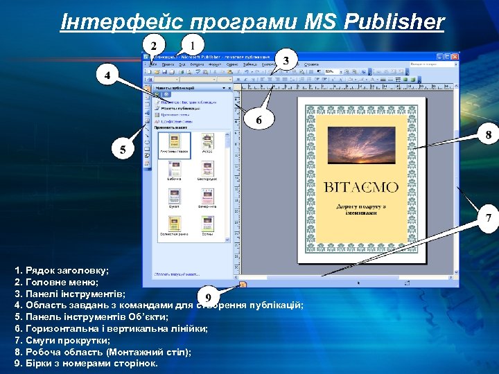 Інтерфейс програми MS Publisher 1. Рядок заголовку; 2. Головне меню; 3. Панелі інструментів; 4.