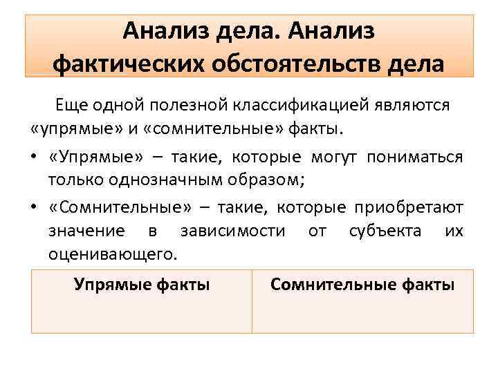 Анализ дела. Анализ фактических обстоятельств дела Еще одной полезной классификацией являются «упрямые» и «сомнительные»