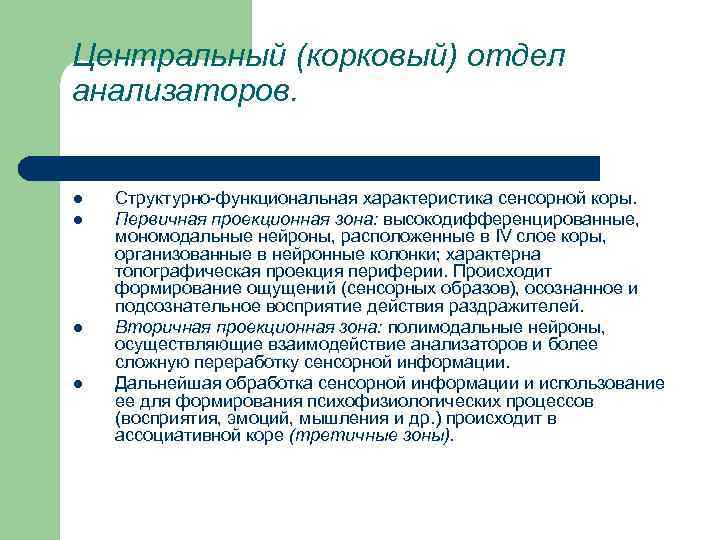 Центральный (корковый) отдел анализаторов. l l Структурно-функциональная характеристика сенсорной коры. Первичная проекционная зона: высокодифференцированные,