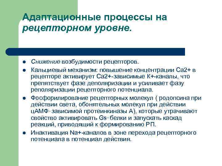 Адаптационные процессы на рецепторном уровне. l l Снижение возбудимости рецепторов. Кальциевый механизм: повышение концентрации