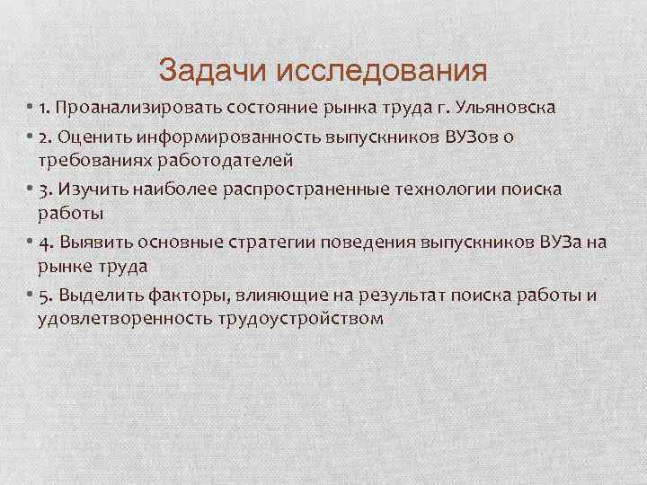 Задачи исследования • 1. Проанализировать состояние рынка труда г. Ульяновска • 2. Оценить информированность