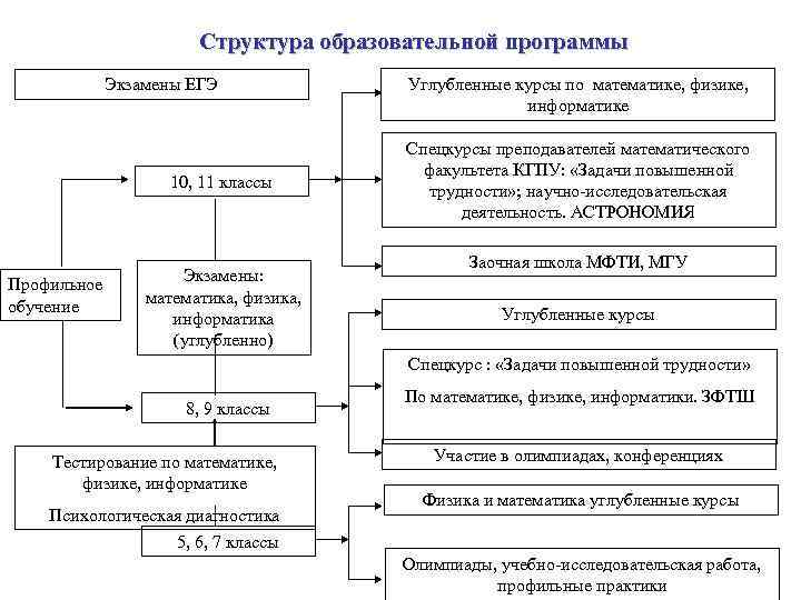 Структура образовательной программы Экзамены ЕГЭ 10, 11 классы Профильное обучение Экзамены: математика, физика, информатика