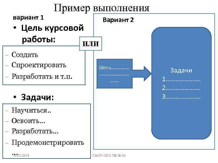 вариант 1 Пример выполнения • Цель курсовой работы: ИЛИ Вариант 2 – Создать –