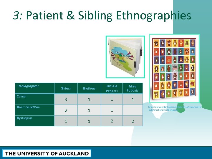 3: Patient & Sibling Ethnographies Demographics Cancer Heart Condition Dystrophy Sisters Brothers Female Patients