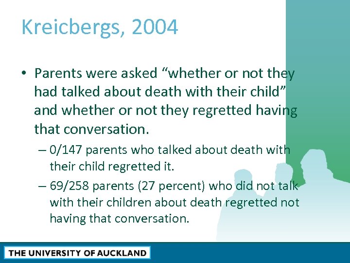 Kreicbergs, 2004 • Parents were asked “whether or not they had talked about death