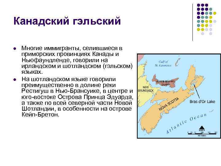 Канадский гэльский l l Многие иммигранты, селившиеся в приморских провинциях Канады и Ньюфаундленде, говорили