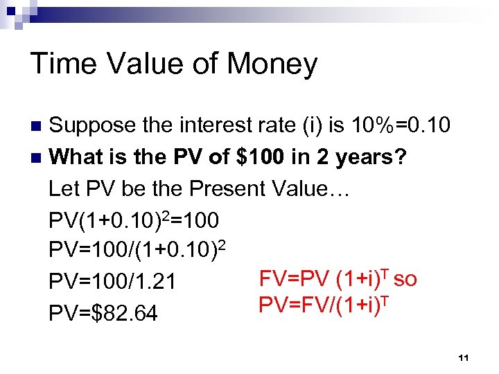 Time Value of Money Suppose the interest rate (i) is 10%=0. 10 n What