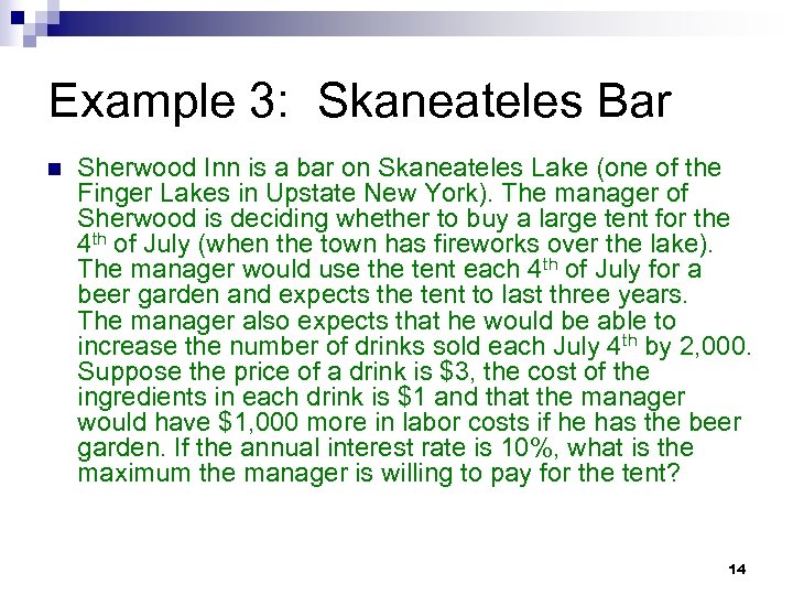 Example 3: Skaneateles Bar n Sherwood Inn is a bar on Skaneateles Lake (one