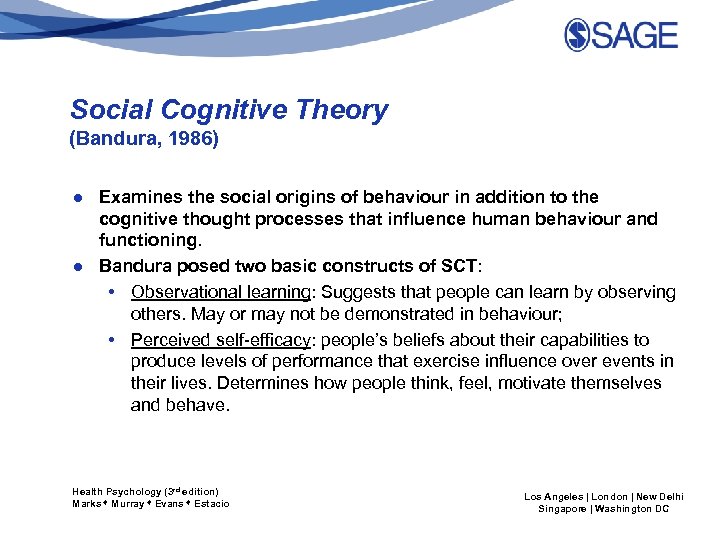 Social Cognitive Theory (Bandura, 1986) ● Examines the social origins of behaviour in addition