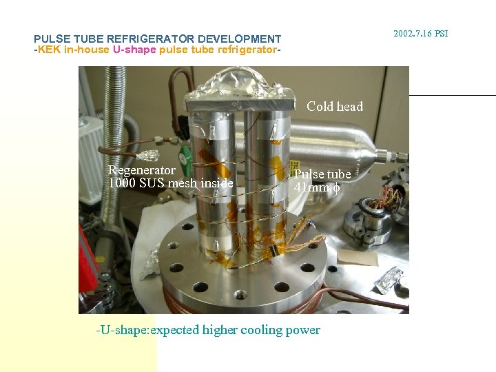 2002. 7. 16 PSI PULSE TUBE REFRIGERATOR DEVELOPMENT -KEK in-house U-shape pulse tube refrigerator-