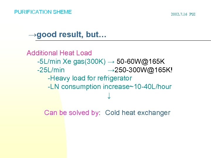 PURIFICATION SHEME 2002. 7. 16 PSI →good result, but… Additional Heat Load -5 L/min