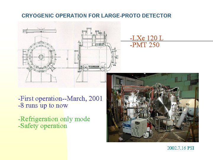 CRYOGENIC OPERATION FOR LARGE-PROTO DETECTOR -LXe 120 L -PMT 250 -First operation--March, 2001 -8