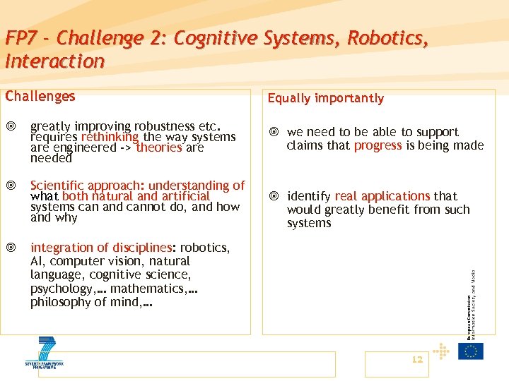 FP 7 - Challenge 2: Cognitive Systems, Robotics, Interaction Challenges ¥ greatly improving robustness