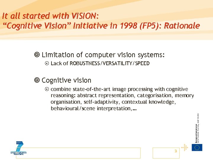 It all started with VISION: “Cognitive Vision” Initiative in 1998 (FP 5): Rationale ¥
