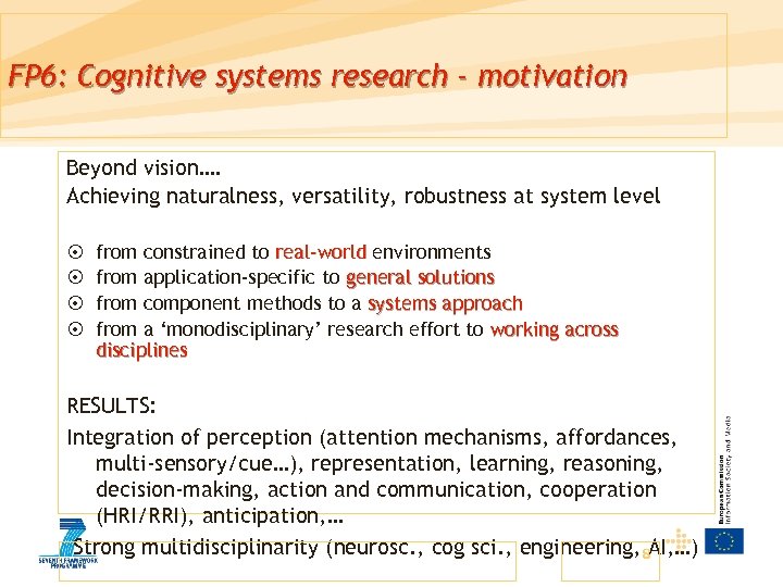 FP 6: Cognitive systems research - motivation Beyond vision…. Achieving naturalness, versatility, robustness at