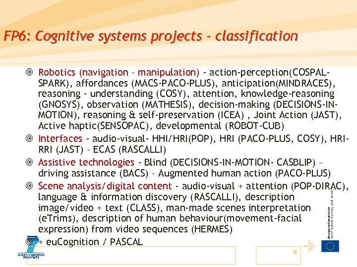 FP 6: Cognitive systems projects - classification ¥ Robotics (navigation – manipulation) - action-perception(COSPALSPARK),