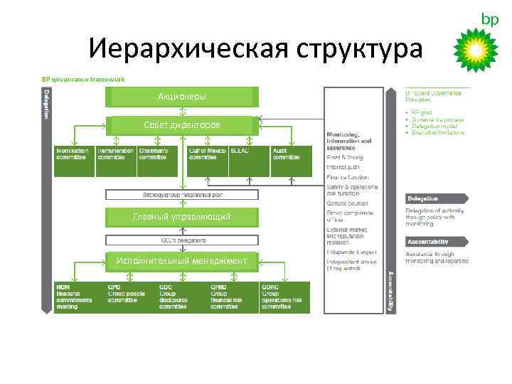 Иерархическая структура Акционеры Совет директоров Главный управляющий Исполнительный менеджмент 