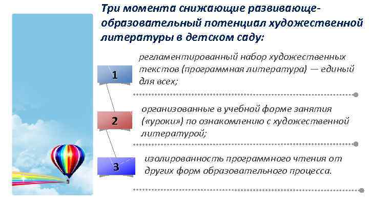 Три момента снижающие развивающеобразовательный потенциал художественной литературы в детском саду: 1 регламентированный набор художественных