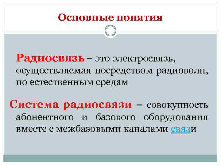 Основные понятия Радиосвязь – это электросвязь, осуществляемая посредством радиоволн, по естественным средам Система радиосвязи