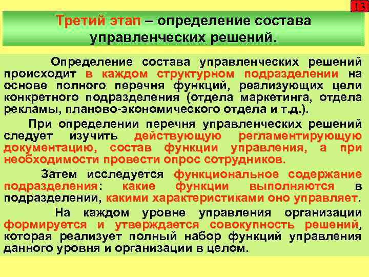 Третий этап – определение состава управленческих решений. 13 Определение состава управленческих решений происходит в