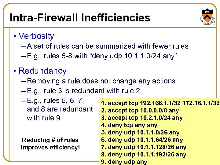 Intra-Firewall Inefficiencies • Verbosity – A set of rules can be summarized with fewer