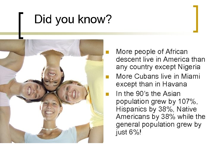 Did you know? n n n More people of African descent live in America