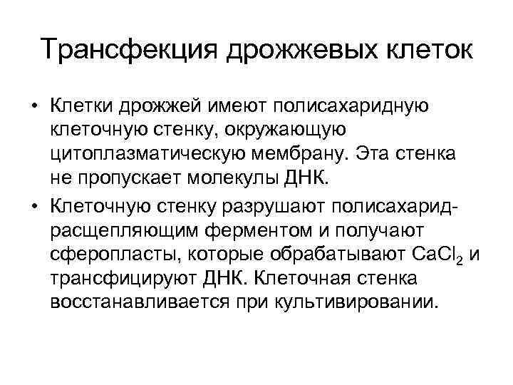 Трансфекция дрожжевых клеток • Клетки дрожжей имеют полисахаридную клеточную стенку, окружающую цитоплазматическую мембрану. Эта