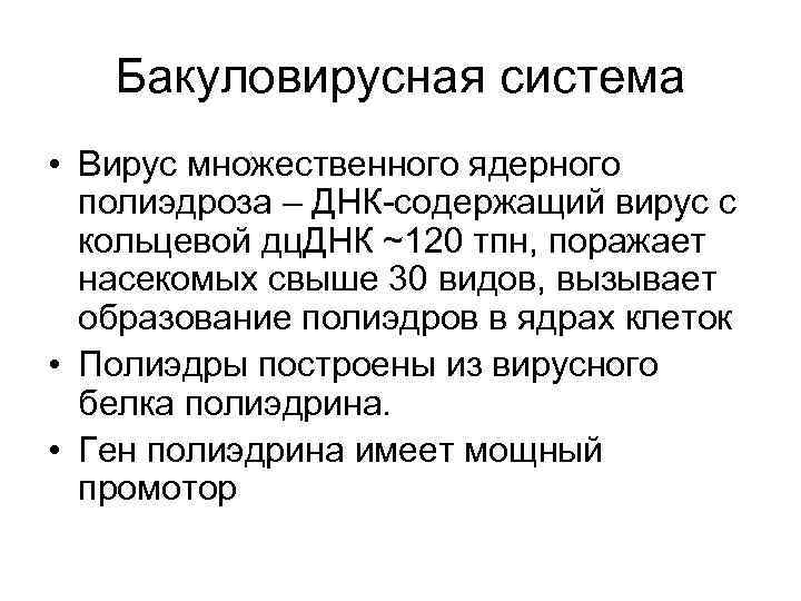 Бакуловирусная система • Вирус множественного ядерного полиэдроза – ДНК-содержащий вирус с кольцевой дц. ДНК