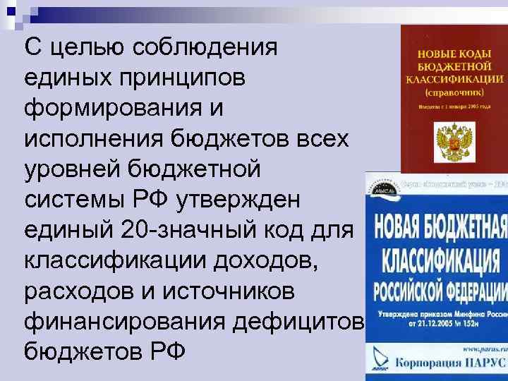 С целью соблюдения единых принципов формирования и исполнения бюджетов всех уровней бюджетной системы РФ