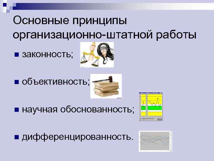 Основные принципы организационно-штатной работы n законность; n объективность; n научная обоснованность; n дифференцированность. 