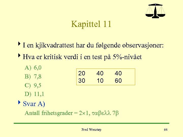 Kapittel 11 4 I en kjikvadrattest har du følgende observasjoner: 4 Hva er kritisk