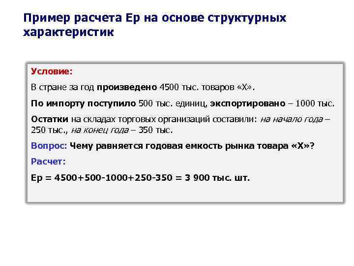 Пример расчета Ер на основе структурных характеристик Условие: В стране за год произведено 4500