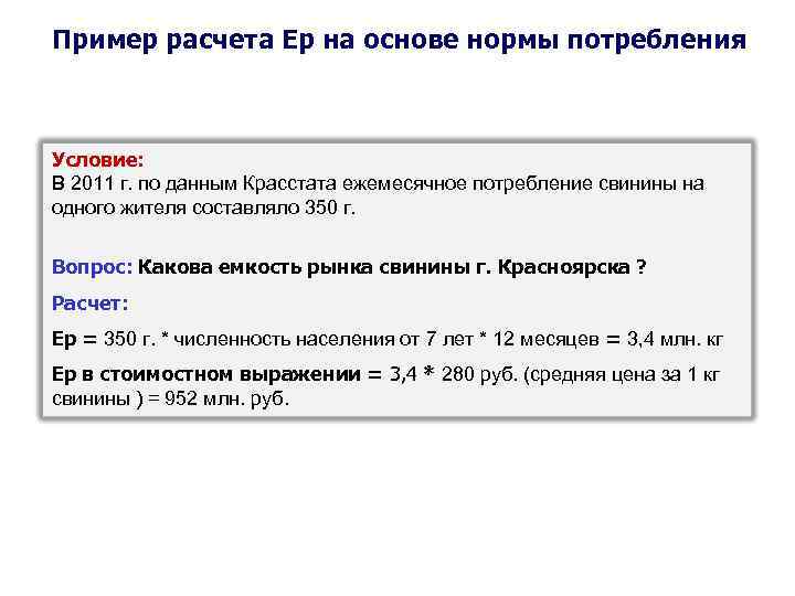 Пример расчета Ер на основе нормы потребления Условие: В 2011 г. по данным Красстата