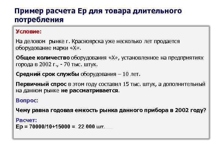 Пример расчета Ер для товара длительного потребления Условие: На деловом рынке г. Красноярска уже
