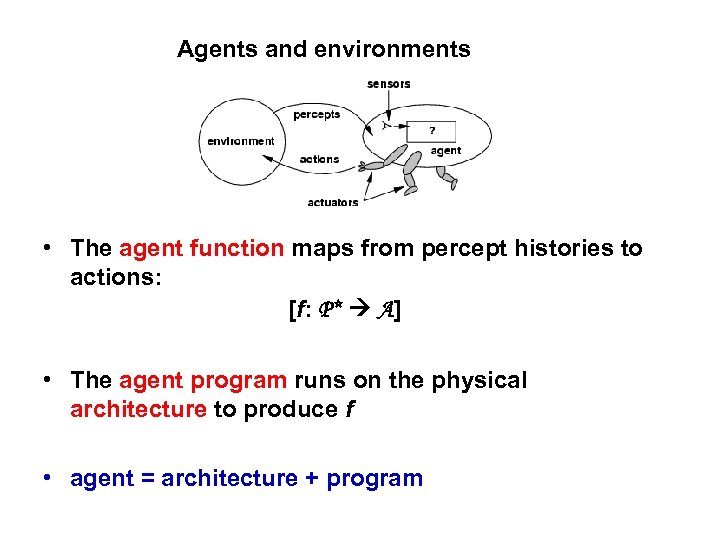 Agents and environments • The agent function maps from percept histories to actions: [f:
