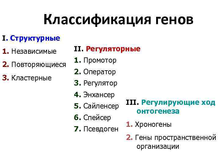 Классификация генов I. Структурные 1. Независимые 2. Повторяющиеся 3. Кластерные II. Регуляторные 1. Промотор