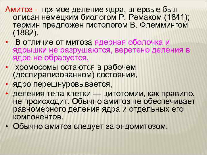 Амитоз - прямое деление ядра, впервые был описан немецким биологом Р. Ремаком (1841); термин