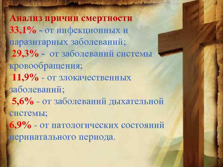 Анализ причин смертности 33, 1% - от инфекционных и паразитарных заболеваний; 29, 3% -