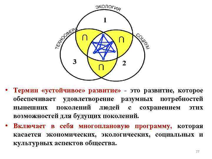  • Термин «устойчивое» развитие» - это развитие, которое обеспечивает удовлетворение разумных потребностей нынешних