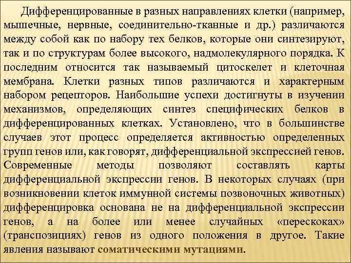 Дифференцированные в разных направлениях клетки (например, мышечные, нервные, соединительно-тканные и др. ) различаются между