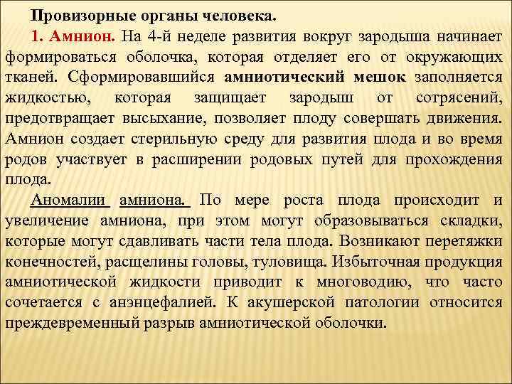 Провизорные органы человека. 1. Амнион. На 4 -й неделе развития вокруг зародыша начинает формироваться
