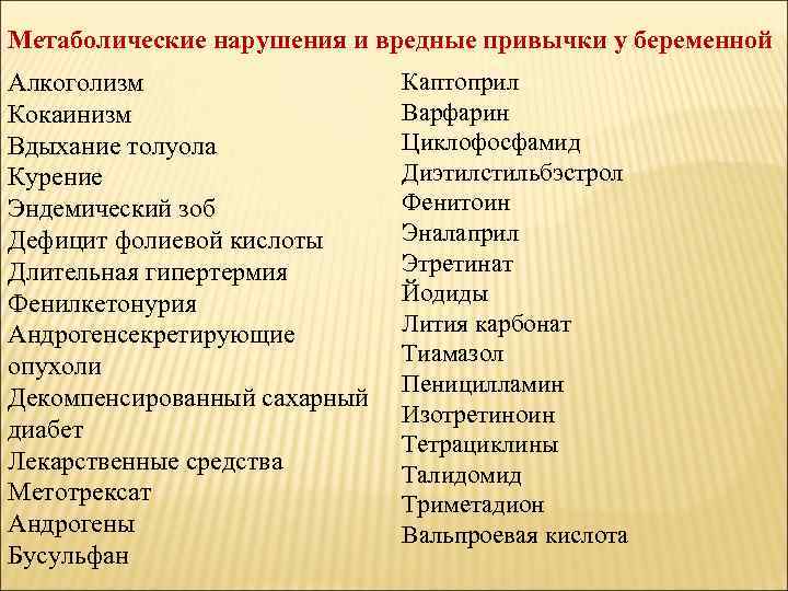 Метаболические нарушения и вредные привычки у беременной Алкоголизм Кокаинизм Вдыхание толуола Курение Эндемический зоб